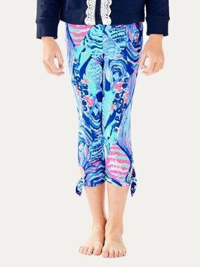 Lilly Pulitzer Maia Blue & Pink Shell Scale Print Kids Tie Leggings XL (12/14)